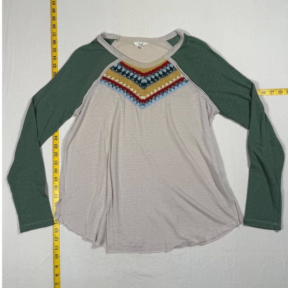 Easel Crochet Raglan Top Women Medium Oatmeal Olive Linen Blend Boho Long Sleeve